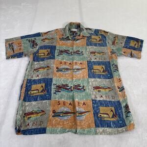Vtg Burma Bibas Shirt Mens Large 100% Silk Geometric Colorful Button Up Funky